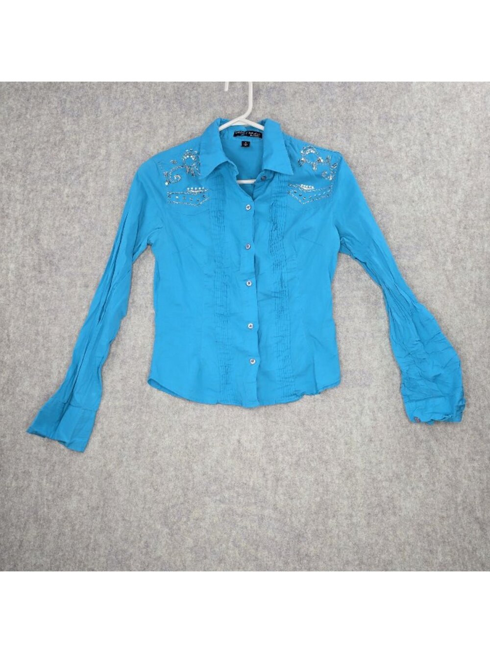 Best Chick In Heels Womens Western Button Shirt Blue S 100% Cotton Embellished